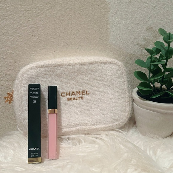 CHANEL Beauty Gold Snowflake Zipper Pull Cosmetic Bag & 726 Icing Lip Gloss NWT - Picture 1 of 6